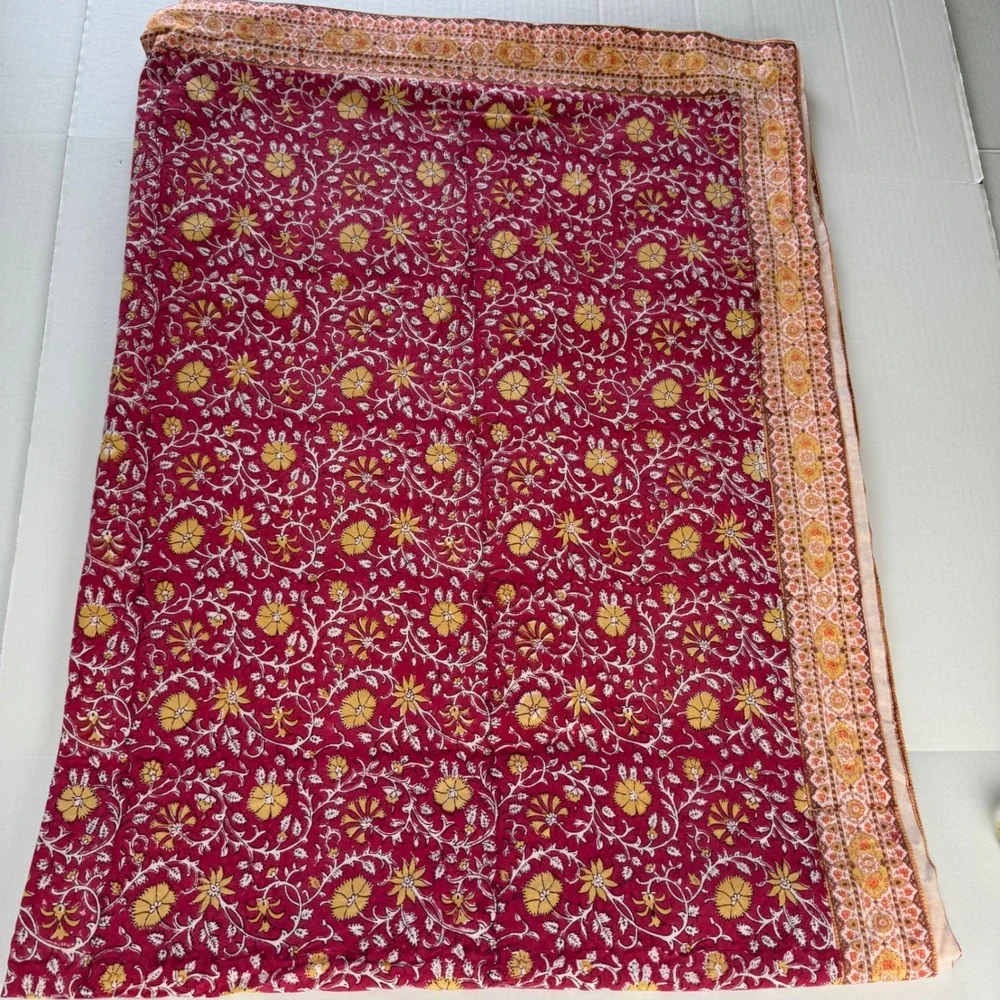 Pottery Barn Red Floral Block Print Cotton Tablecloth 70x108 Rectangular India